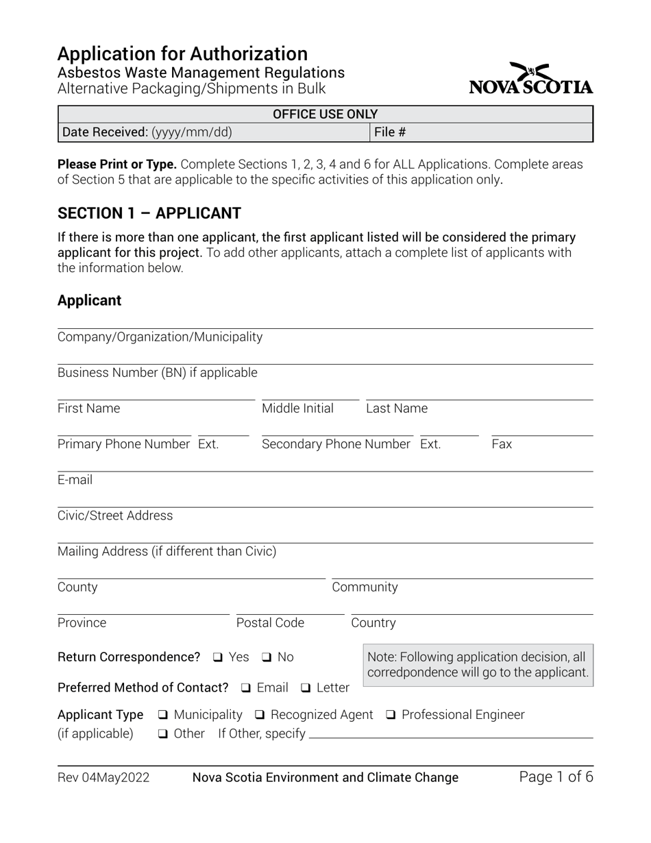 Application for Authorization - Asbestos Waste Management Regulations - Alternative Packaging / Shipments in Bulk - Nova Scotia, Canada, Page 1