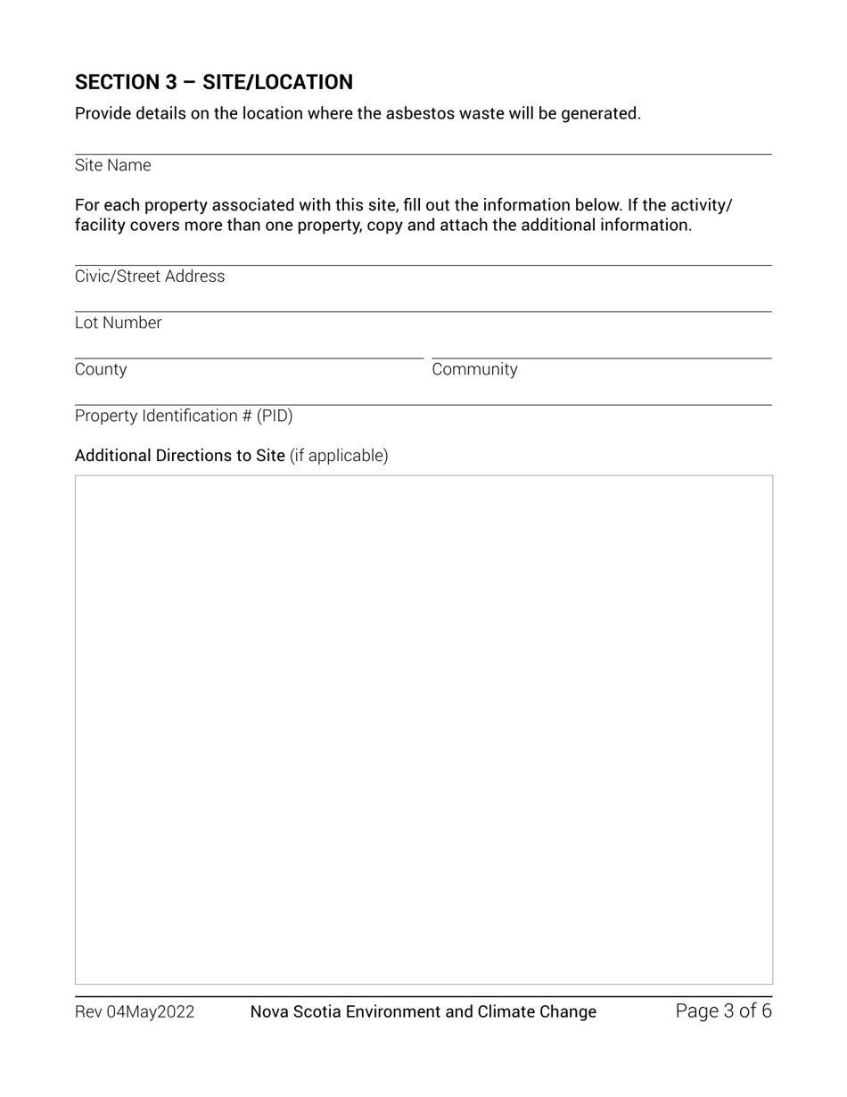 Application for Authorization - Asbestos Waste Management Regulations - Alternative Packaging / Shipments in Bulk - Nova Scotia, Canada, Page 3