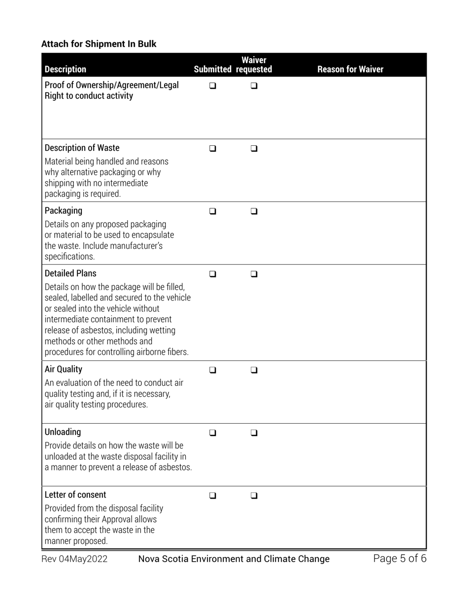 Application for Authorization - Asbestos Waste Management Regulations - Alternative Packaging / Shipments in Bulk - Nova Scotia, Canada, Page 5