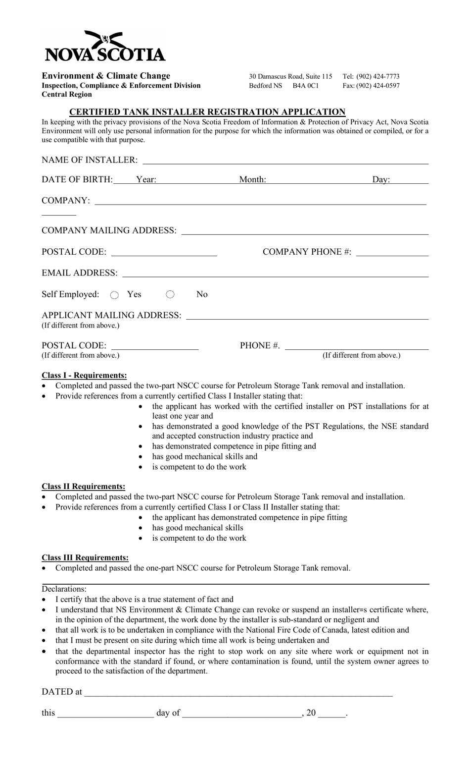 Certified Tank Installer Registration Application - Nova Scotia, Canada, Page 1