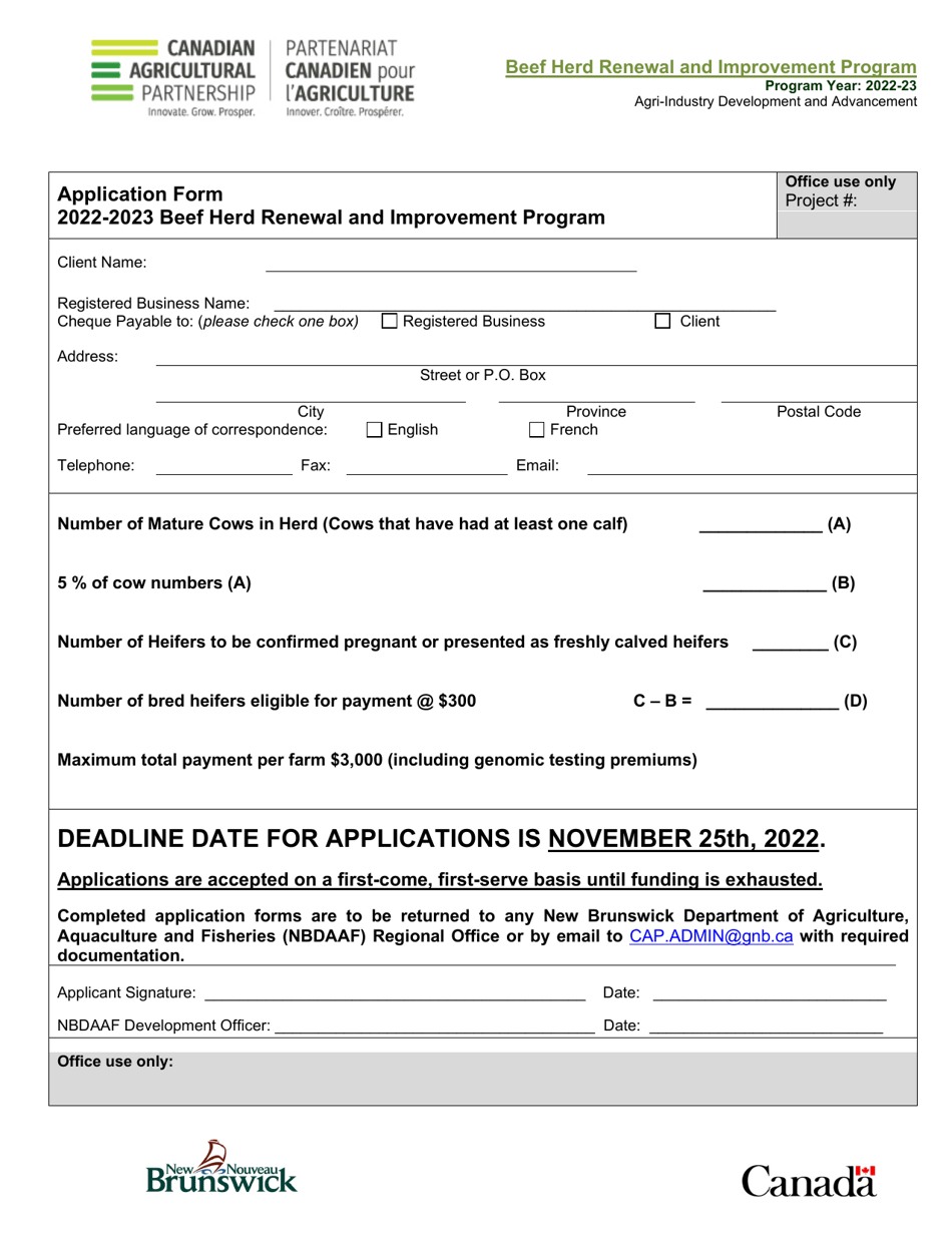 Beef Herd Renewal and Improvement Program Application Form - New Brunswick, Canada, Page 1