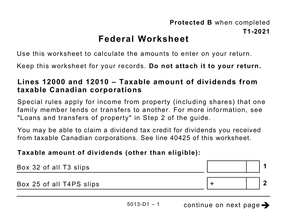 Form T1 (5013-D1) Federal Worksheet - Large Print - Canada, Page 1