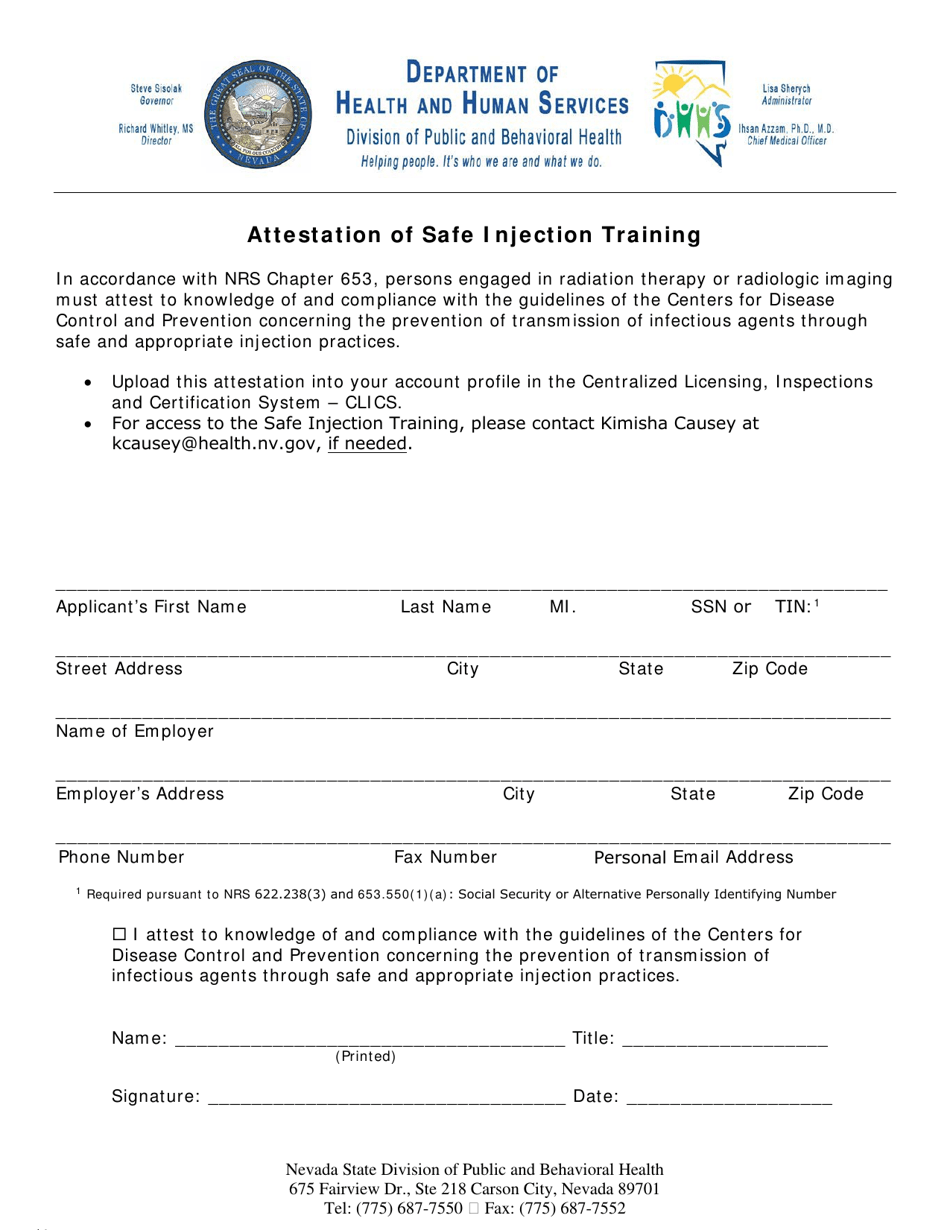 Attestation of Safe Injection Training - Nevada, Page 1