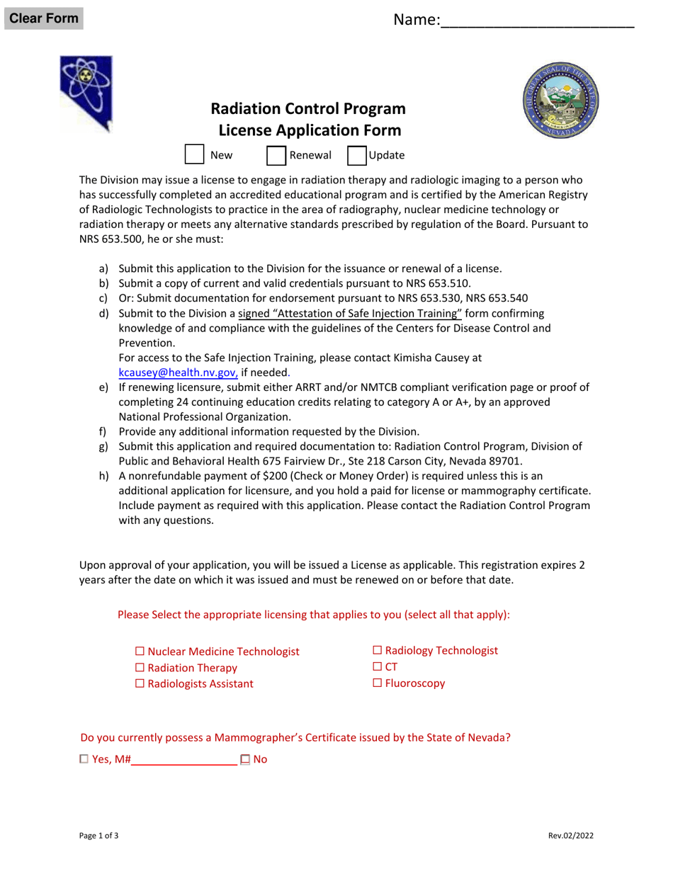 License Application Form - Radiation Control Program - Nevada, Page 1