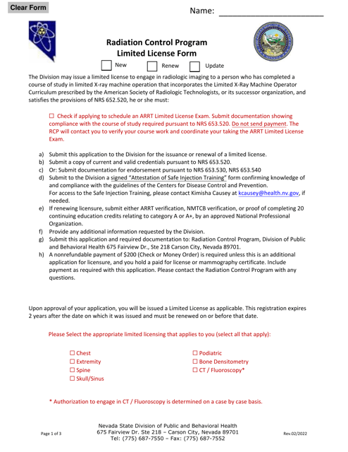 Radiation Control Program Limited License Form - Nevada Download Pdf