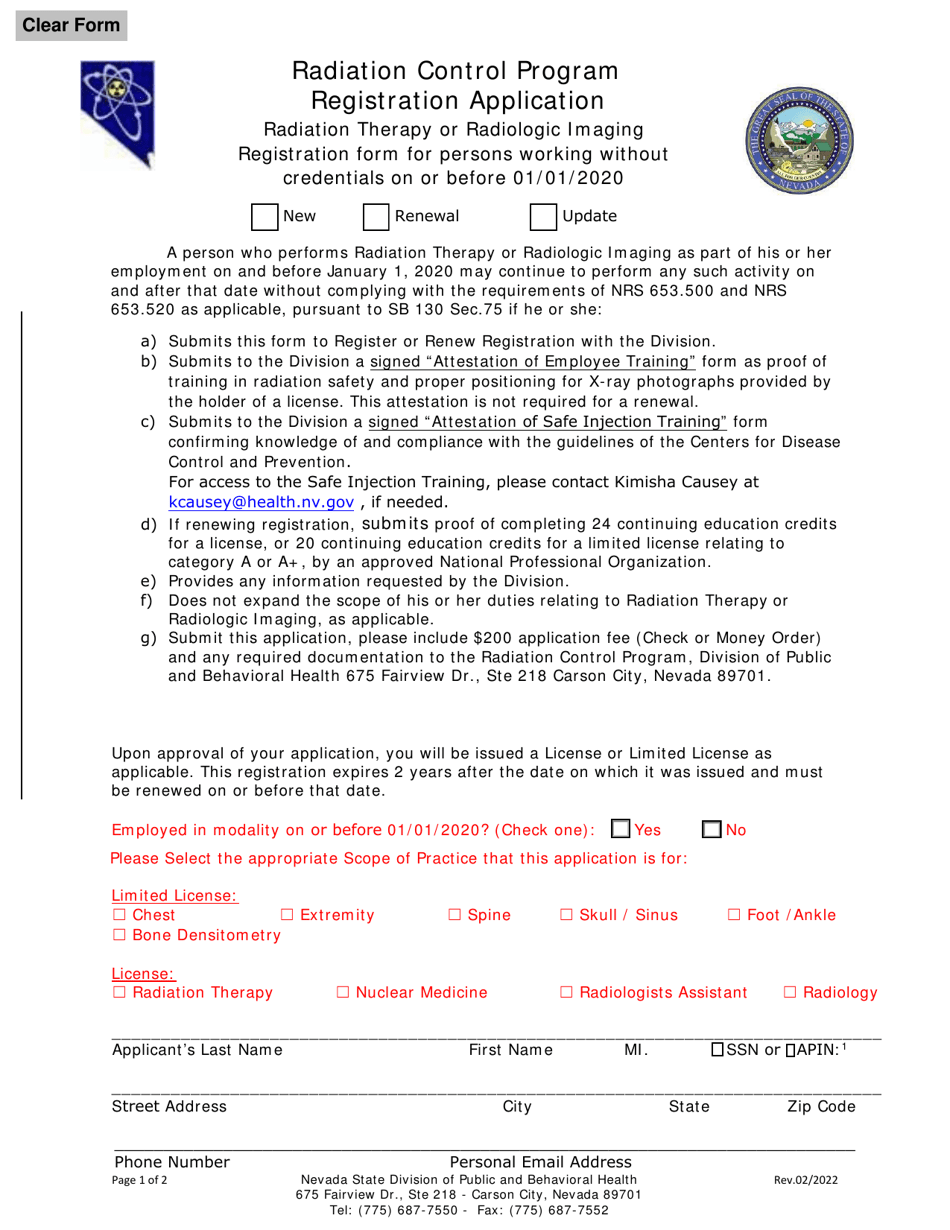 Radiation Control Program Registration Form for Radiation Therapy or Radiologic Imaging Prior to 1-1-2020 - Nevada, Page 1