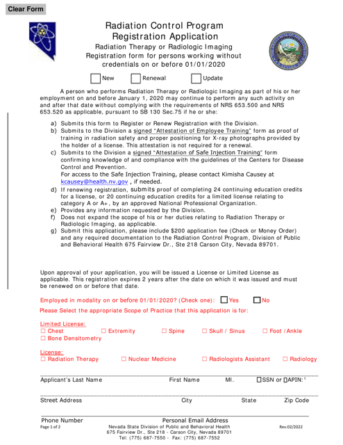 Radiation Control Program Registration Form for Radiation Therapy or Radiologic Imaging Prior to 1-1-2020 - Nevada Download Pdf