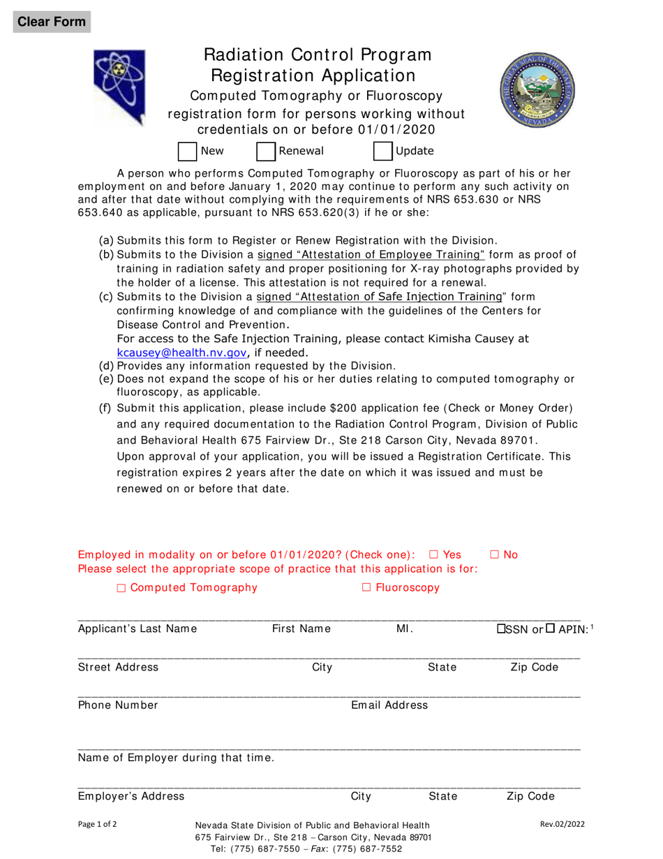 Radiation Control Program Registration Form for Computed Tomography or Fluoroscopy Prior to 1-1-2020 - Nevada, Page 1