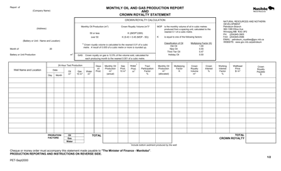 Monthly Oil and Gas Production Report and Crown Royalty Statement - Manitoba, Canada