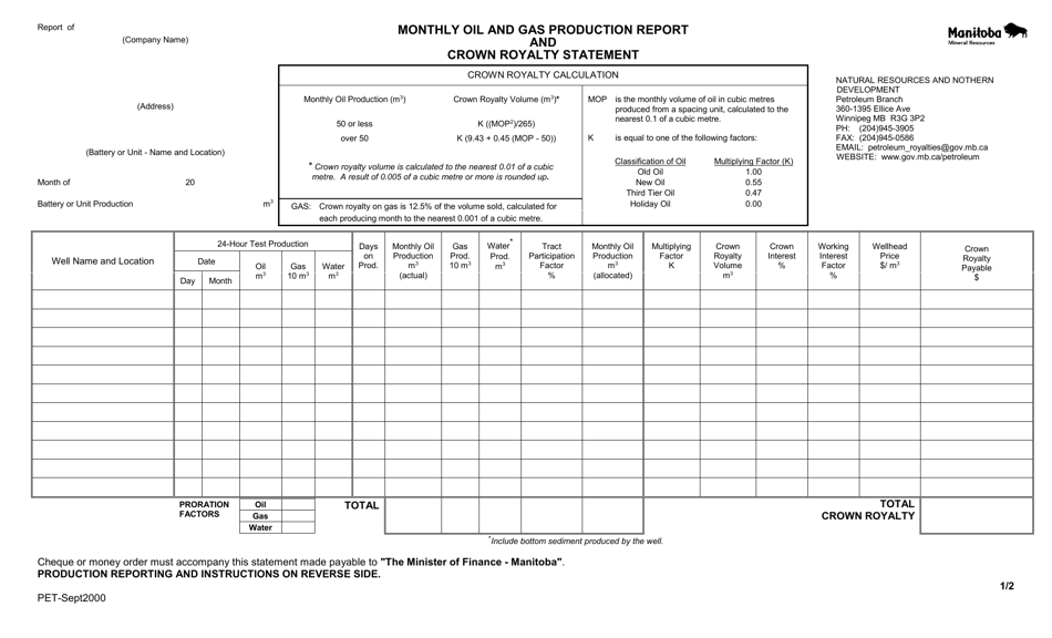 Monthly Oil and Gas Production Report and Crown Royalty Statement - Manitoba, Canada, Page 1