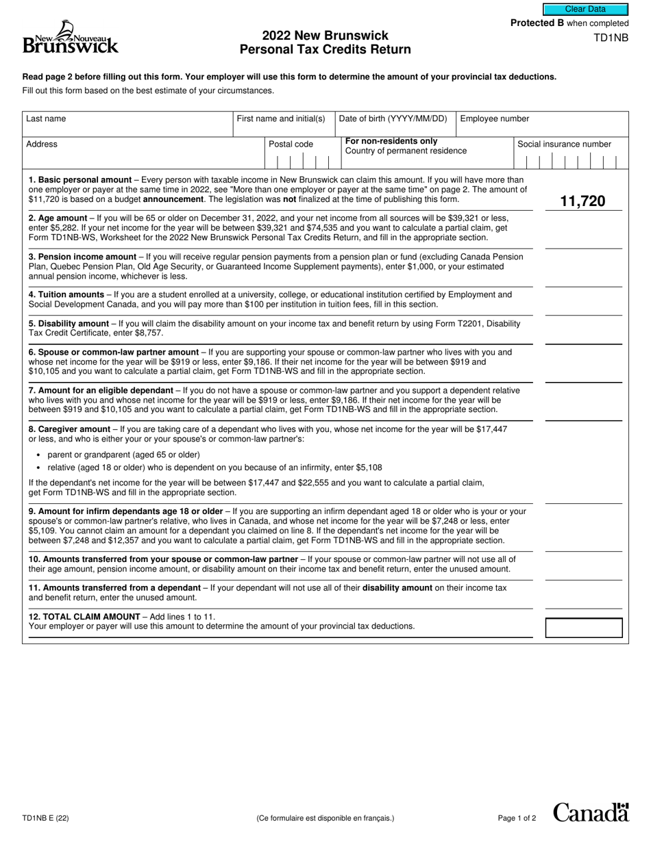 Form TD1NB 2022 Fill Out, Sign Online and Download Fillable PDF