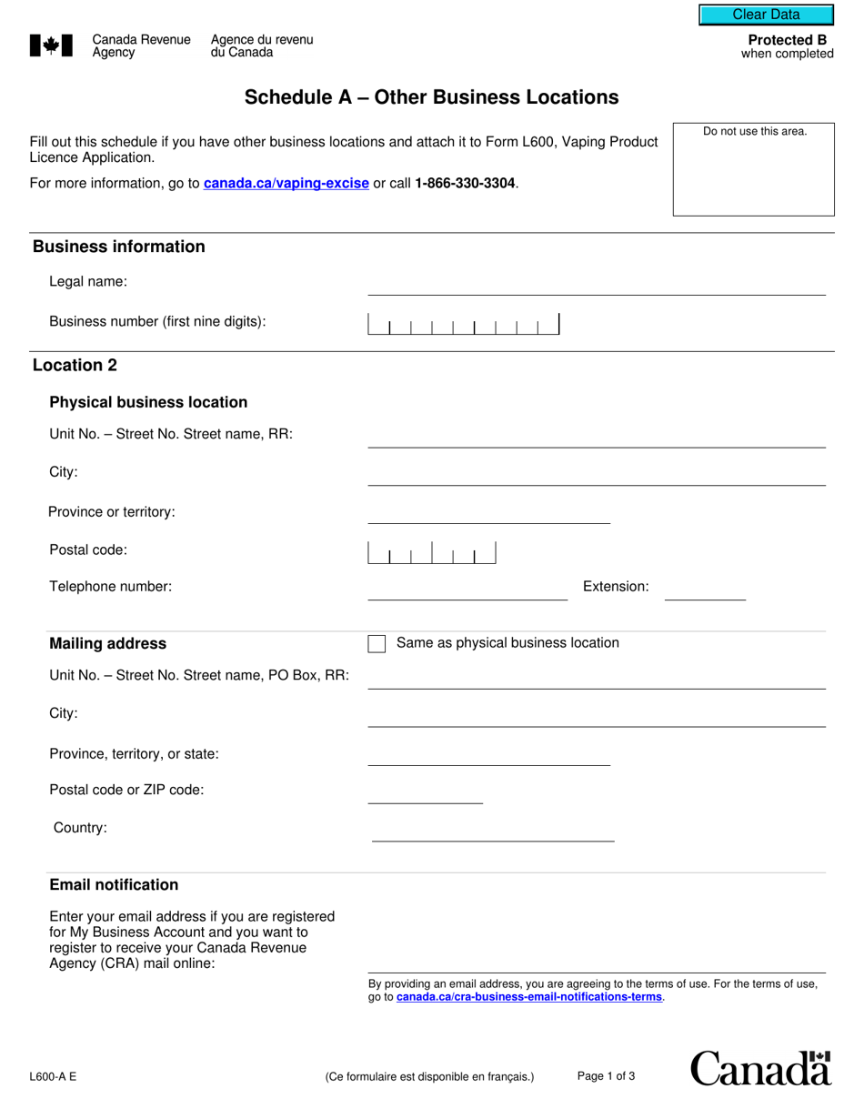 Form L600-A Schedule A Other Business Locations - Canada, Page 1
