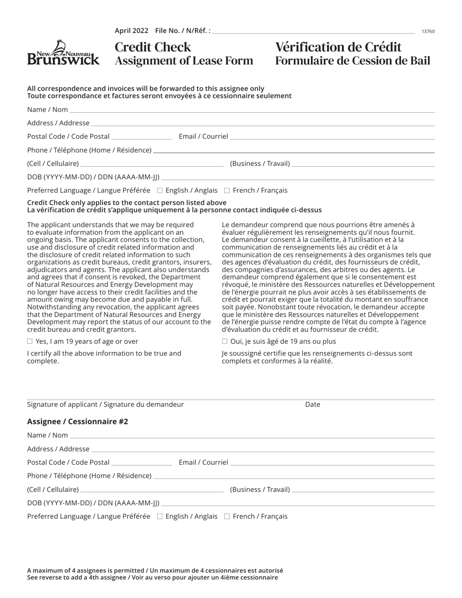 Credit Check Assignment of Lease Form - New Brunswick, Canada (English / French), Page 1