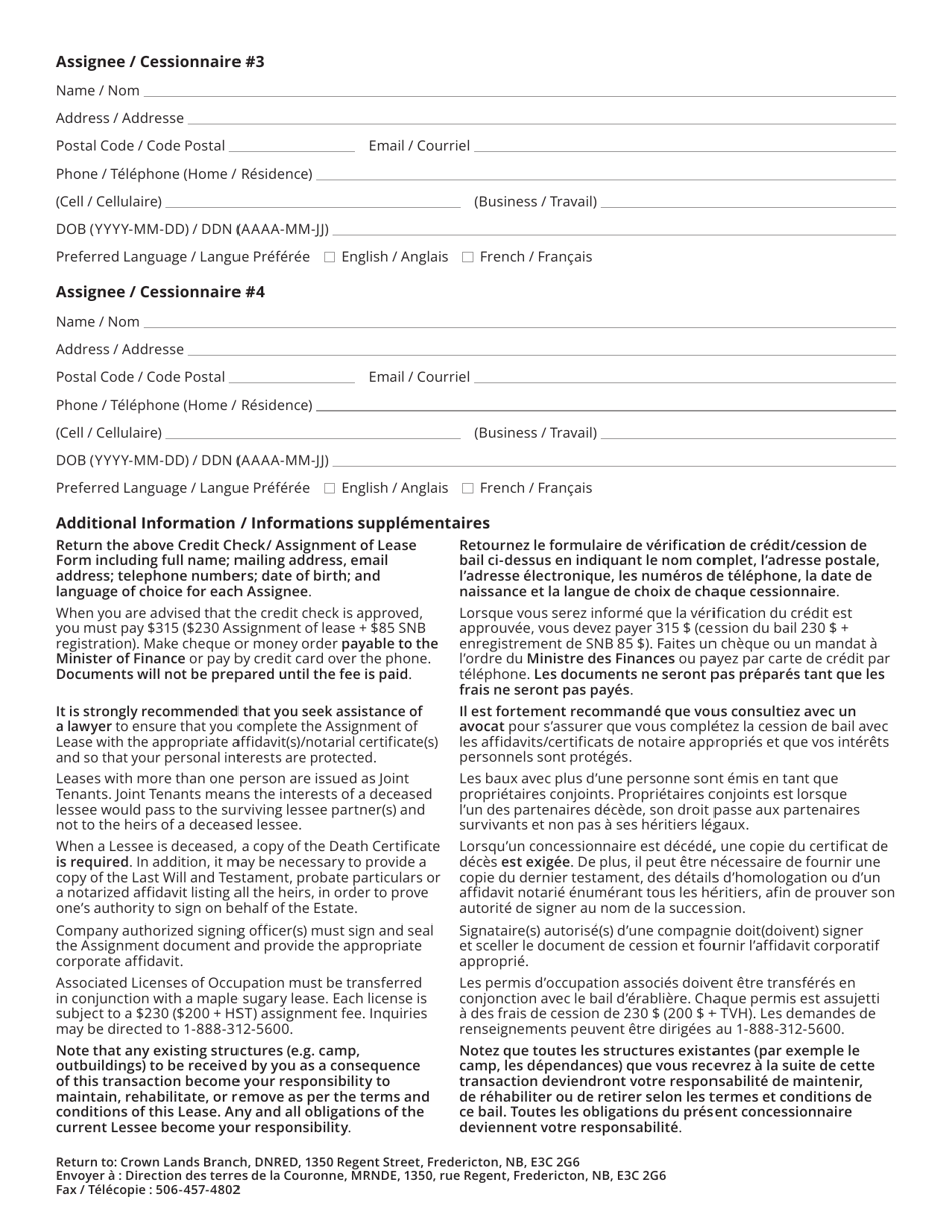 Credit Check Assignment of Lease Form - New Brunswick, Canada (English / French), Page 2