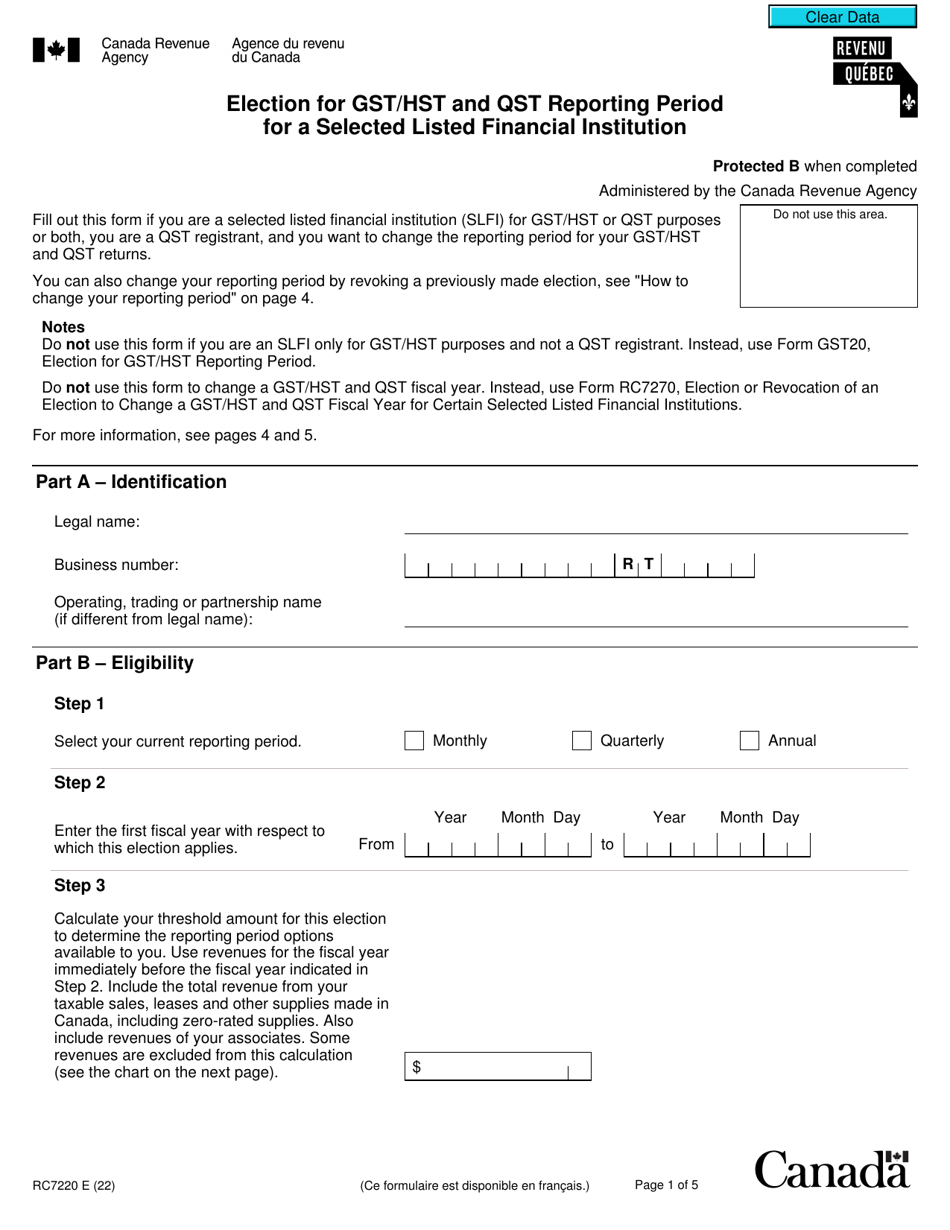 Form RC7220 Election for Gst / Hst and Qst Reporting Period for a Selected Listed Financial Institution - Canada, Page 1