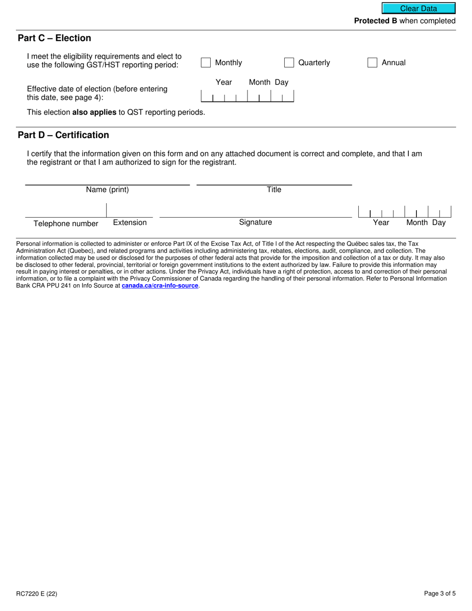 Form RC7220 Election for Gst / Hst and Qst Reporting Period for a Selected Listed Financial Institution - Canada, Page 3