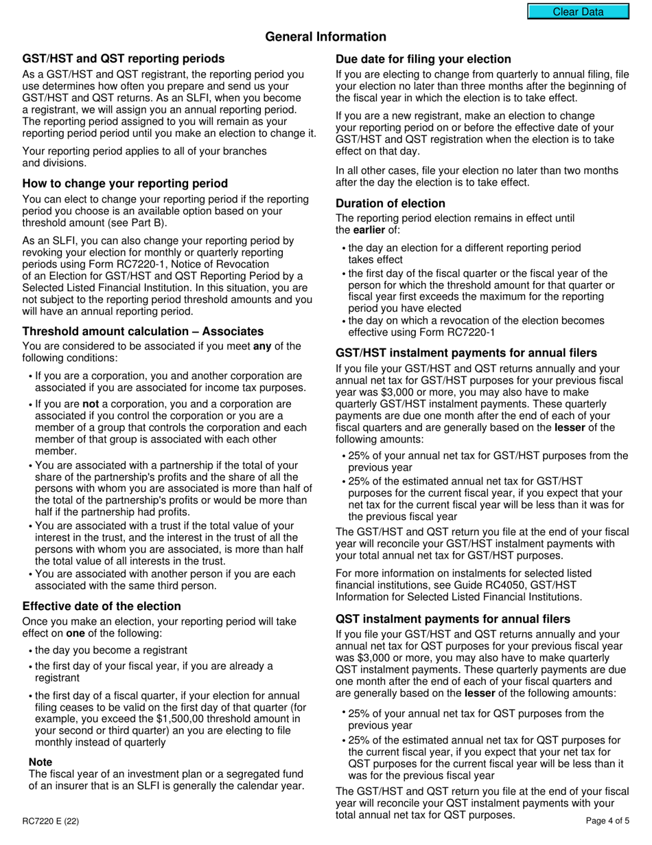Form RC7220 Election for Gst / Hst and Qst Reporting Period for a Selected Listed Financial Institution - Canada, Page 4