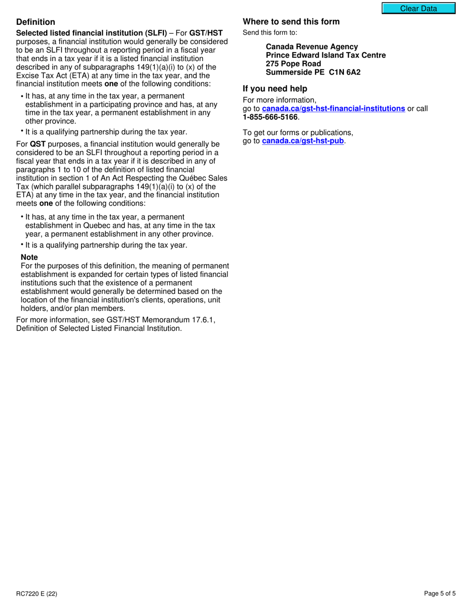 Form RC7220 Election for Gst / Hst and Qst Reporting Period for a Selected Listed Financial Institution - Canada, Page 5