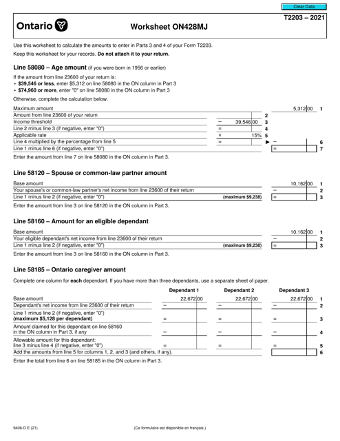 Form T2203 (9406-D) Worksheet ON428MJ 2021 Printable Pdf