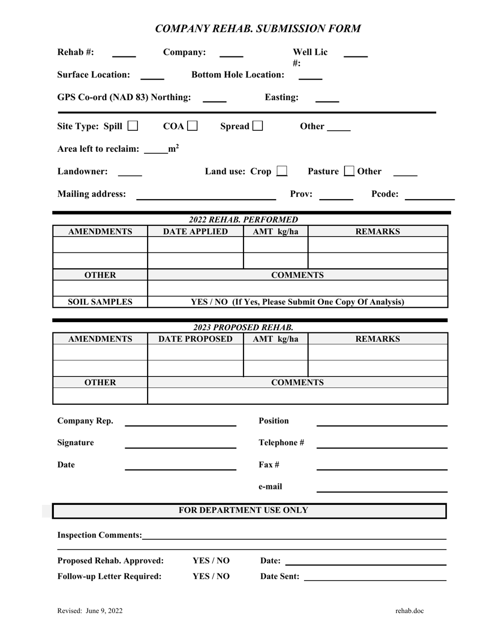 Company Rehabilitation Submission Form - Manitoba, Canada, Page 1