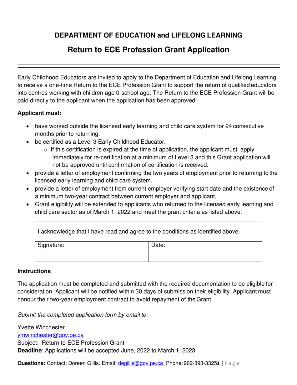 Return to Ece Profession Grant Application - Prince Edward Island, Canada, Page 1