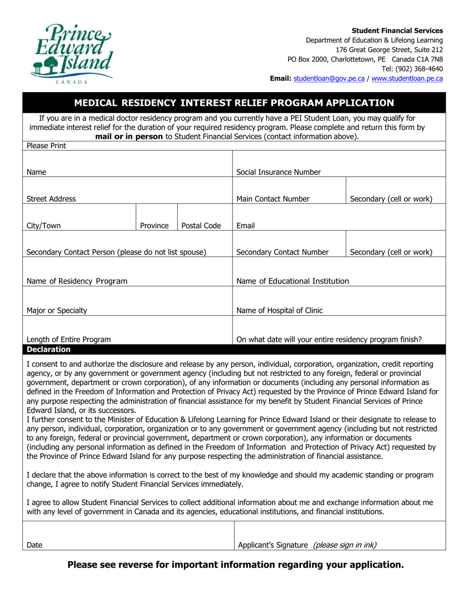 Medical Residency Interest Relief Program Application - Prince Edward Island, Canada, Page 1