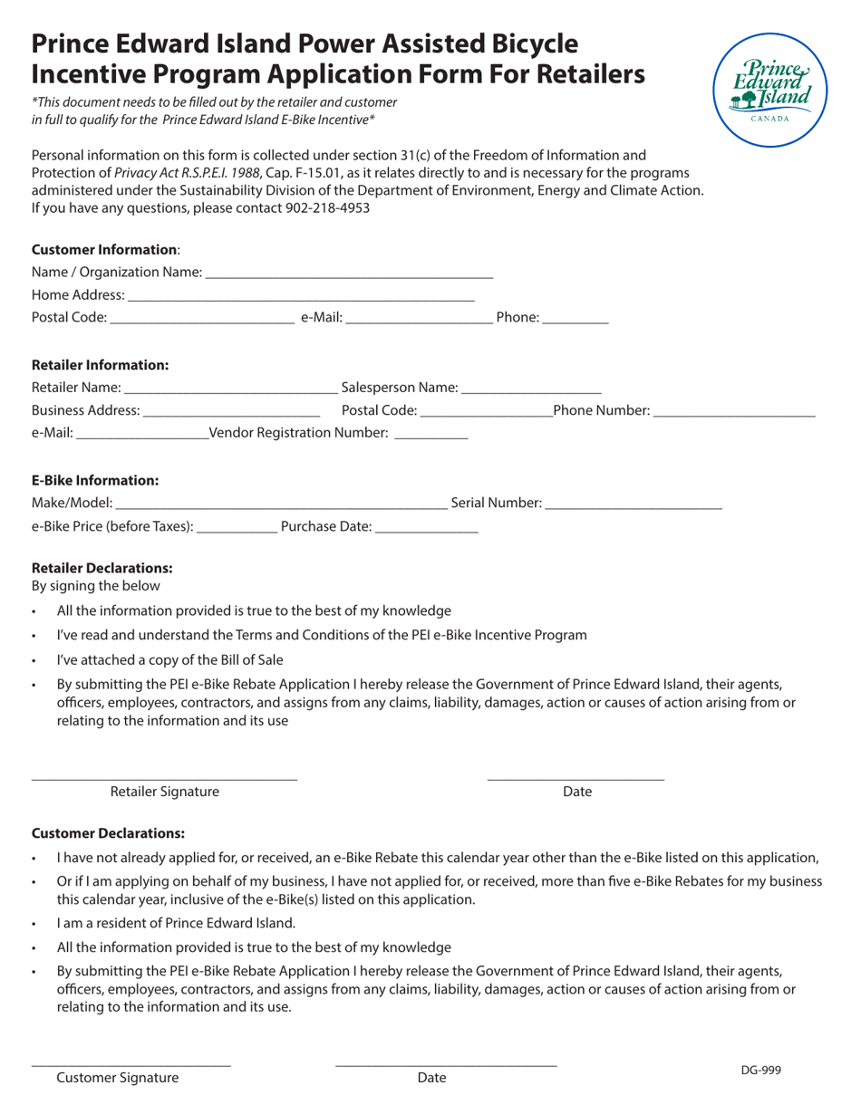 Form DG-999 Application Form for Retailers - Prince Edward Island Power Assisted Bicycle Incentive Program - Prince Edward Island, Canada, Page 1