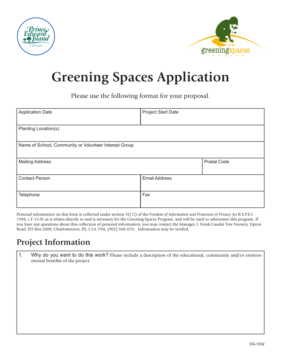 Form DG-1032 Greening Spaces Application - Prince Edward Island, Canada, Page 1