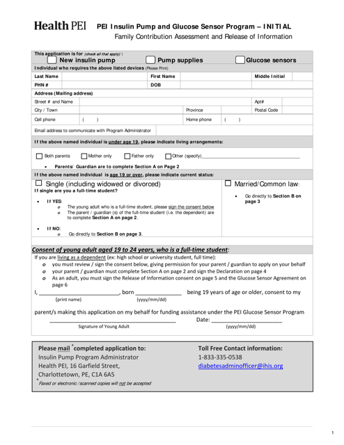 Initial Family Contribution Assessment and Release of Information Form - Pei Insulin Pump Program and Glucose Sensor Program - Prince Edward Island, Canada Download Pdf