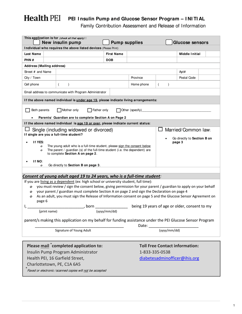 Initial Family Contribution Assessment and Release of Information Form - Pei Insulin Pump Program and Glucose Sensor Program - Prince Edward Island, Canada, Page 1