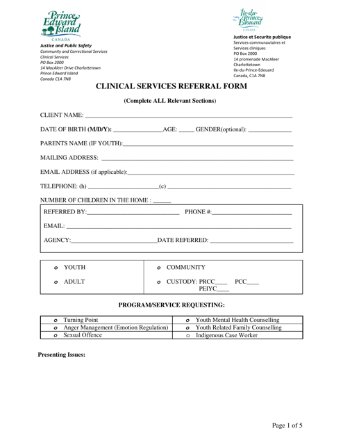 Clinical Services Referral Form - Prince Edward Island, Canada Download Pdf