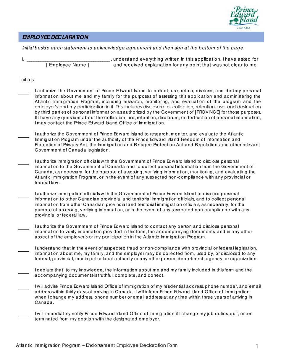 Endorsement Employee Declaration Form - Atlantic Immigration Program - Prince Edward Island, Canada, Page 1