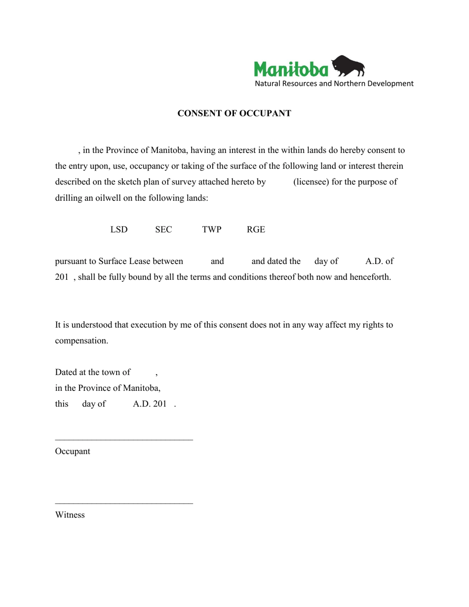 Consent of Occupant - Manitoba, Canada, Page 1