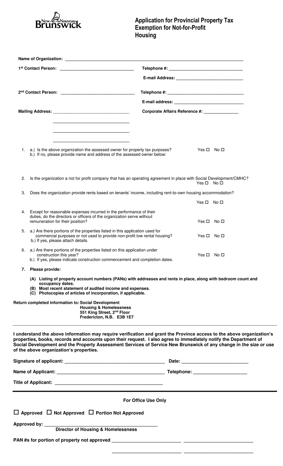 Application for Provincial Property Tax Exemption for Not-For-Profit Housing - New Brunswick, Canada, Page 1