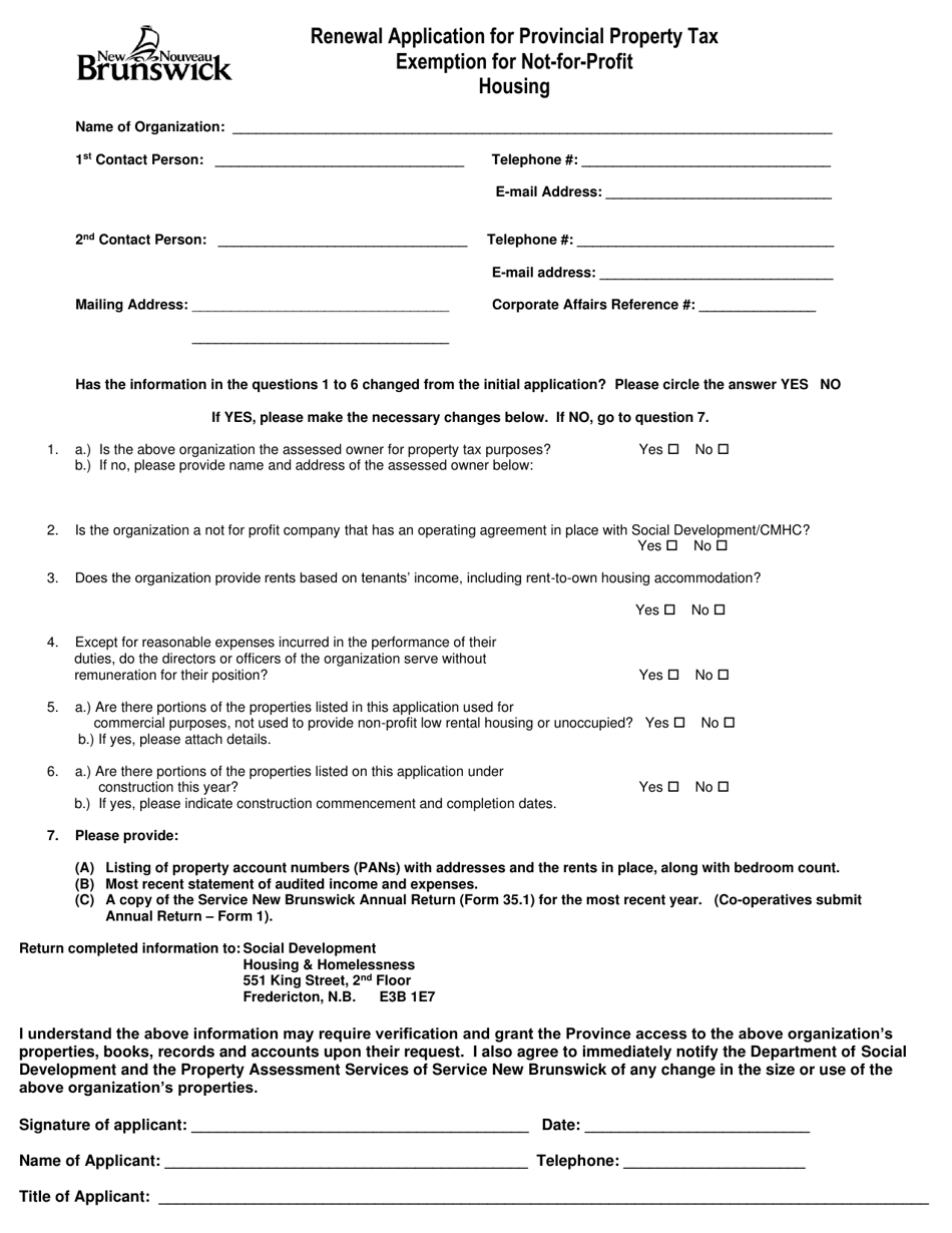 Renewal Application for Provincial Property Tax Exemption for Not-For-Profit Housing - New Brunswick, Canada, Page 1