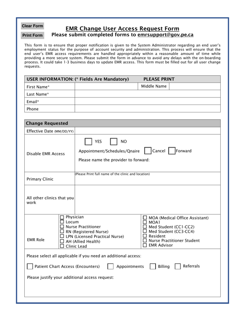 Emr Change User Access Request Form - Prince Edward Island, Canada Download Pdf