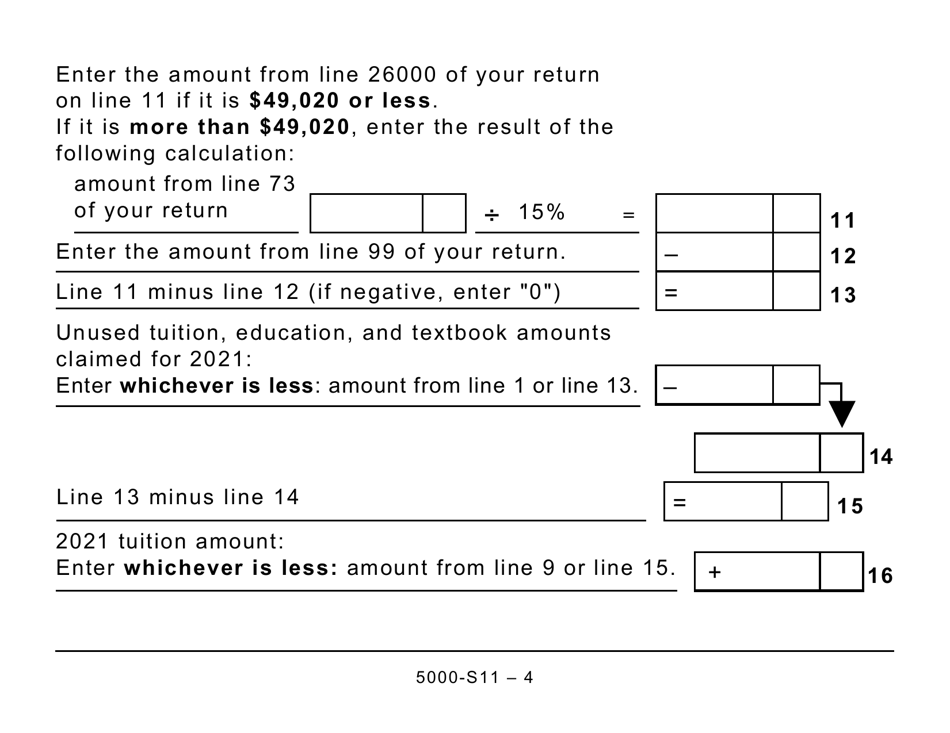 Form 5000-S11 (T1) Schedule 11 Federal Tuition, Education, and Textbook Amounts and Canada Training Credit (Large Print) - Canada, Page 4