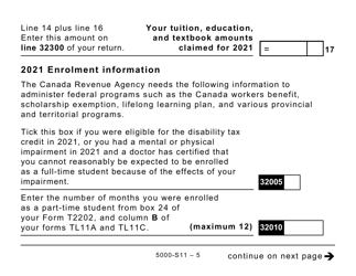 Form 5000-S11 (T1) Schedule 11 Federal Tuition, Education, and Textbook Amounts and Canada Training Credit (Large Print) - Canada, Page 5