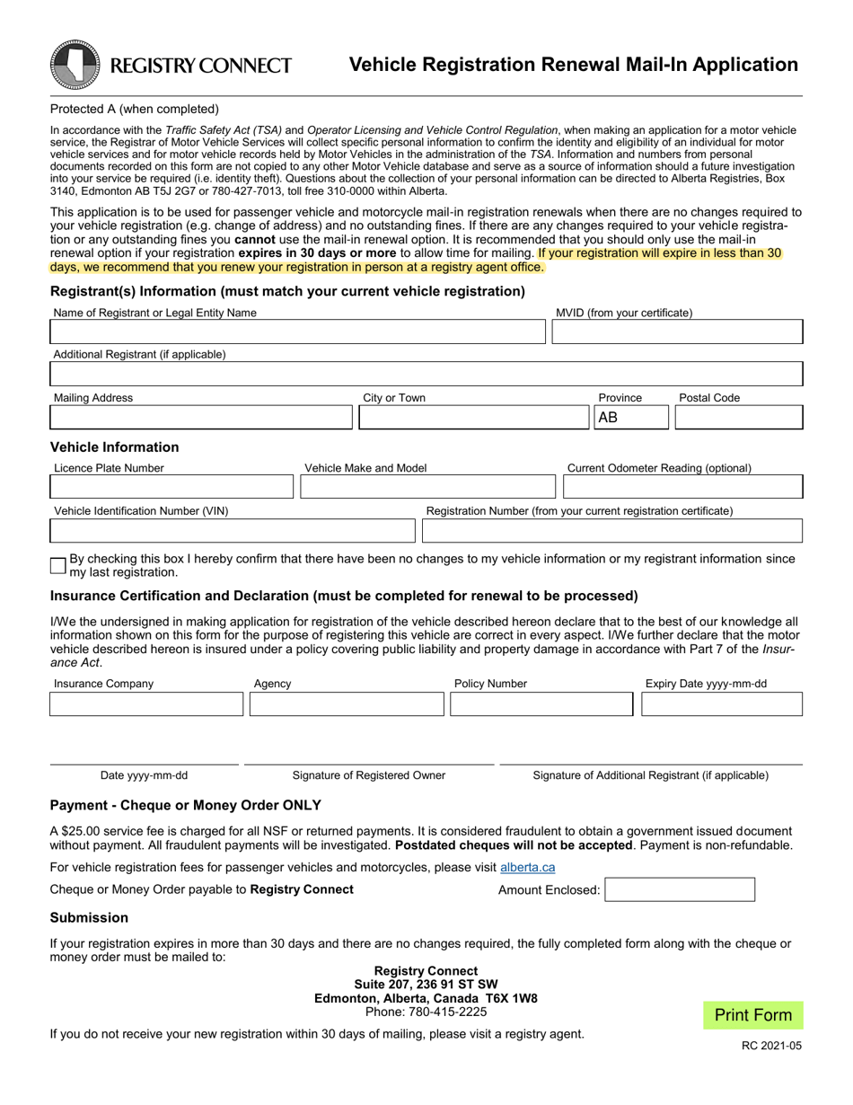 Alberta Canada Vehicle Registration Renewal Mail-In Application - Fill ...