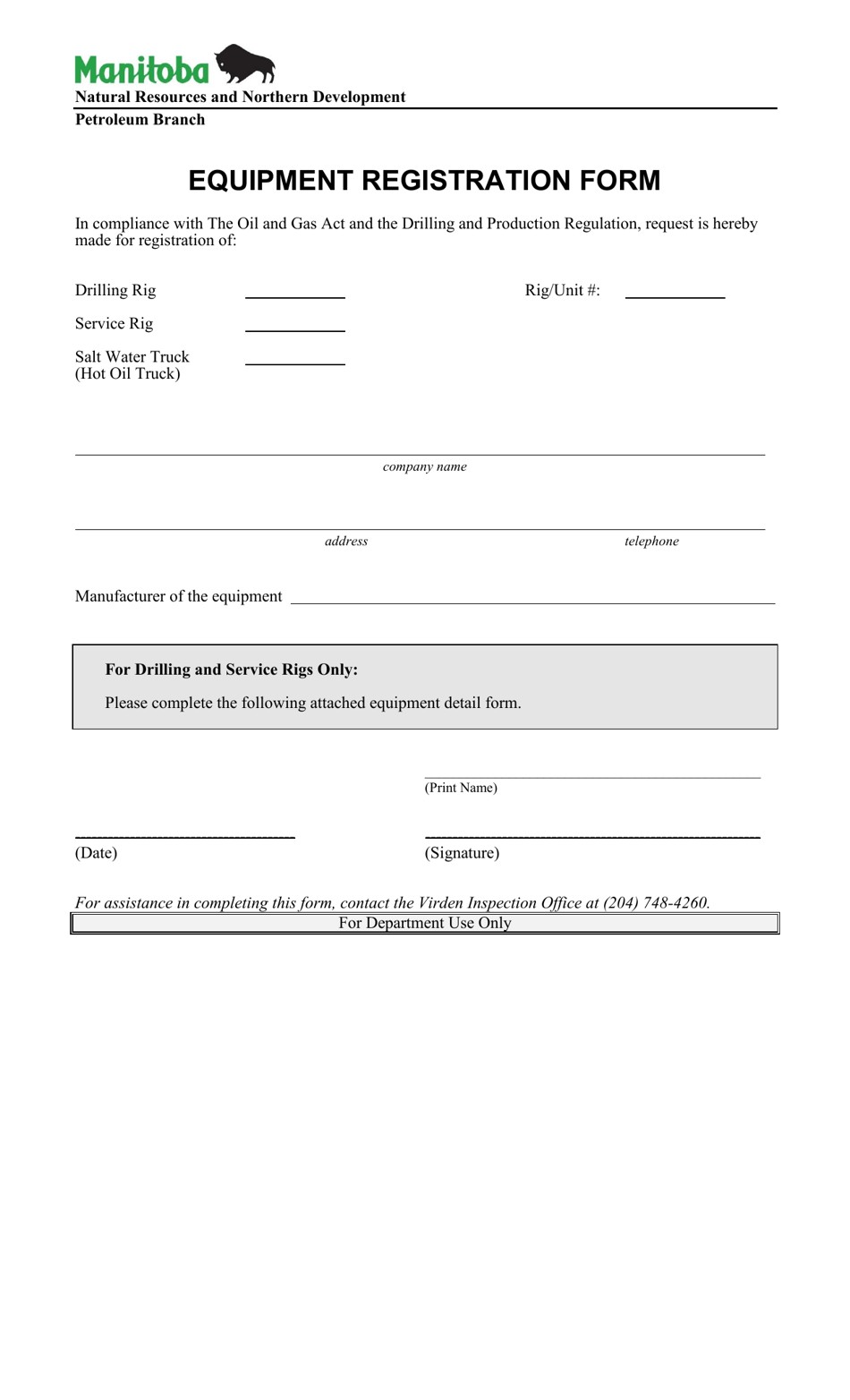 Equipment Registration Form - Manitoba, Canada, Page 1