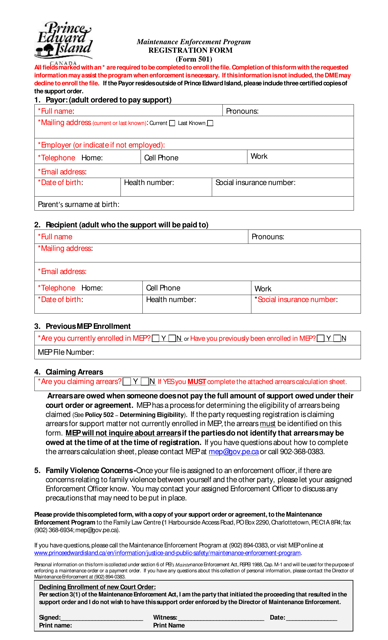 Form 501 Maintenance Enforcement Program - Registration - Prince Edward Island, Canada