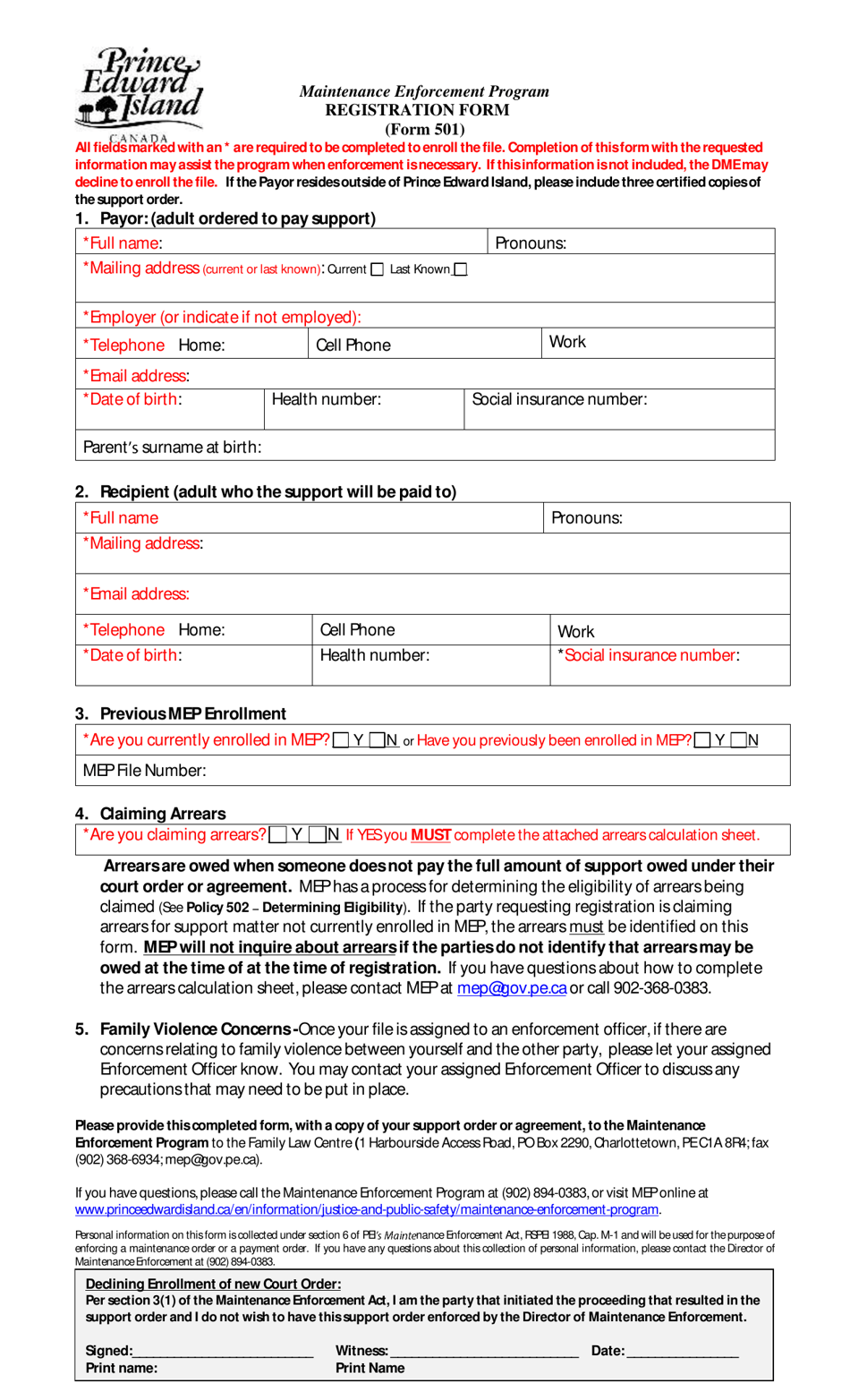 Form 501 Maintenance Enforcement Program - Registration - Prince Edward Island, Canada, Page 1