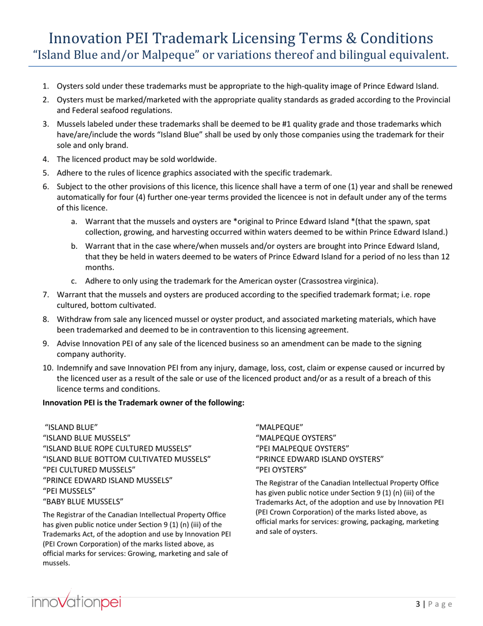 Innovation Pei Trademark Licensing of island Blue and / or Malpeque, or Variations Thereof, and Bilingual Equivalent. - Prince Edward Island, Canada, Page 3