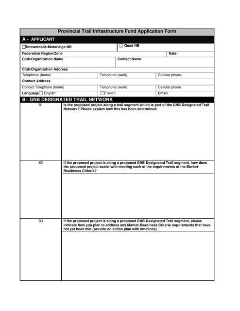Provincial Trail Infrastructure Fund Application Form - New Brunswick, Canada Download Pdf