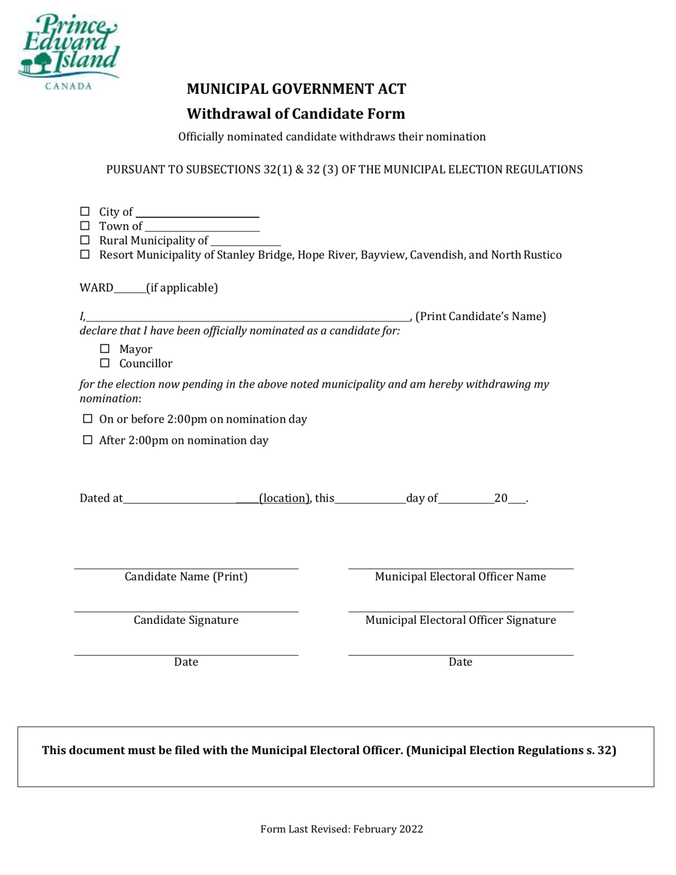 Withdrawal of Candidate Form - Prince Edward Island, Canada, Page 1