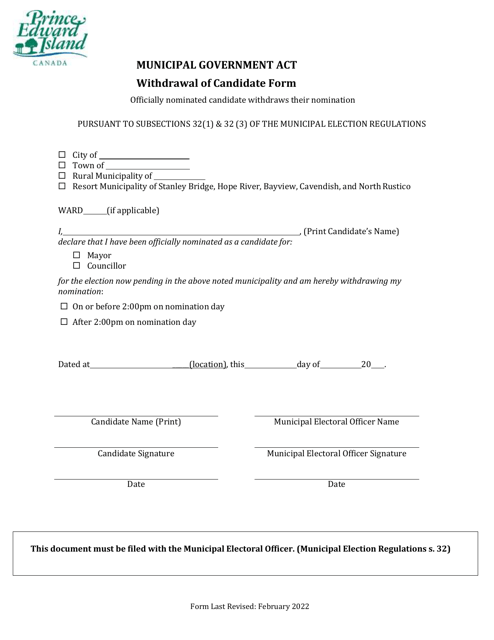 Withdrawal of Candidate Form - Prince Edward Island, Canada Download Pdf