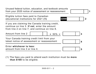 Form 5005-S11 Schedule 11 Federal Tuition, Education, and Textbook Amounts and Canada Training Credit (Large Print) - Canada, Page 2