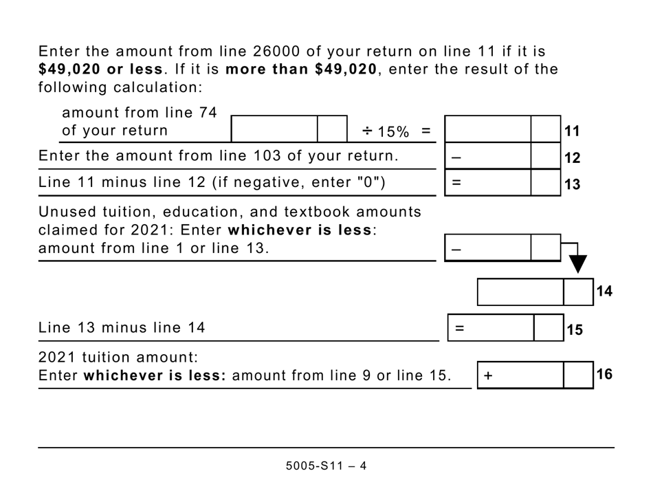 Form 5005-S11 Schedule 11 Federal Tuition, Education, and Textbook Amounts and Canada Training Credit (Large Print) - Canada, Page 4