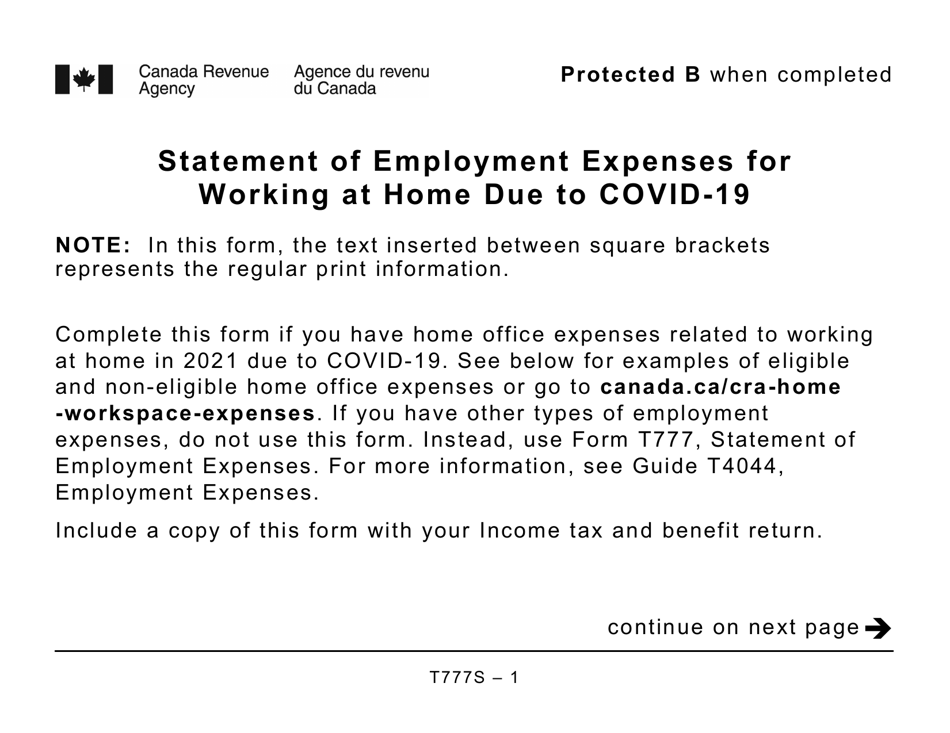 Form T777S Statement of Employment Expenses for Working at Home Due to Covid-19 (Large Print) - Canada, Page 1