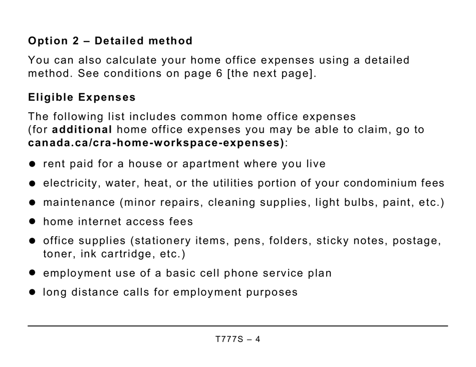 Form T777S Statement of Employment Expenses for Working at Home Due to Covid-19 (Large Print) - Canada, Page 4